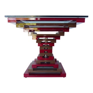 Vintage Geometric Enameled Metal Center Table W/ Glass Top For Sale