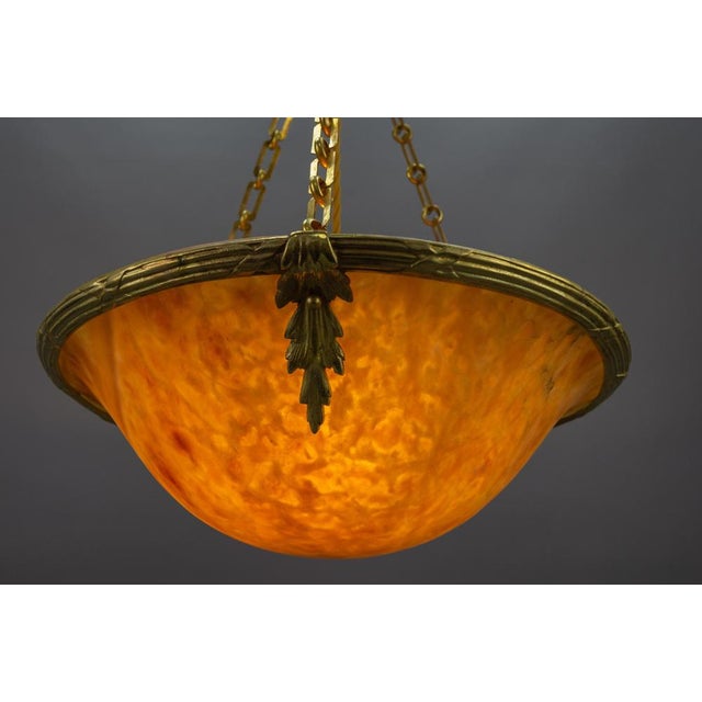 Metal French Neoclassical Style Amber Alabaster and Bronze Pendant Light, 1920 For Sale - Image 7 of 18