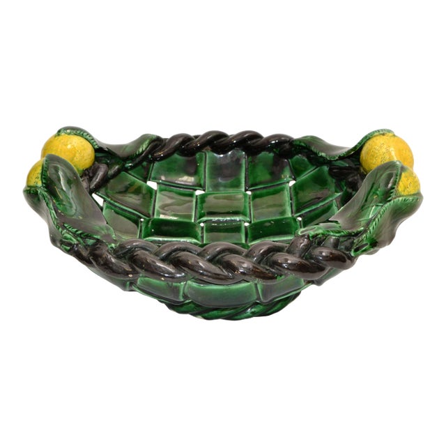 Marked Vallauris France Ceramic Lemon Basket Green & Yellow Mid-Century Modern For Sale