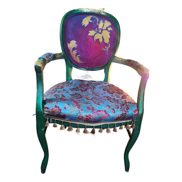 Jewel Toned Custom Upcycled Vintage Accent Chair – Hand-Painted Statement Piece For Sale