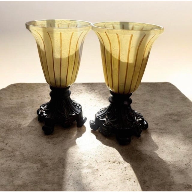 Glass Vintage Ting Shen Hollow Light-Up Table Lamps Feature Amber-Yellow Ribbed Glass Shades - a Pair For Sale - Image 7 of 9