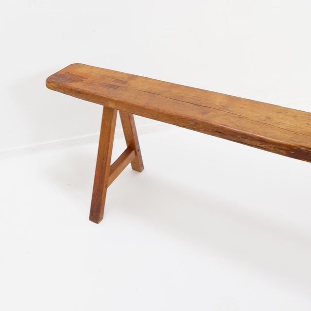 Rustic Wood Farmhouse Bench with Trestle Legs, 1960s For Sale - Image 10 of 18