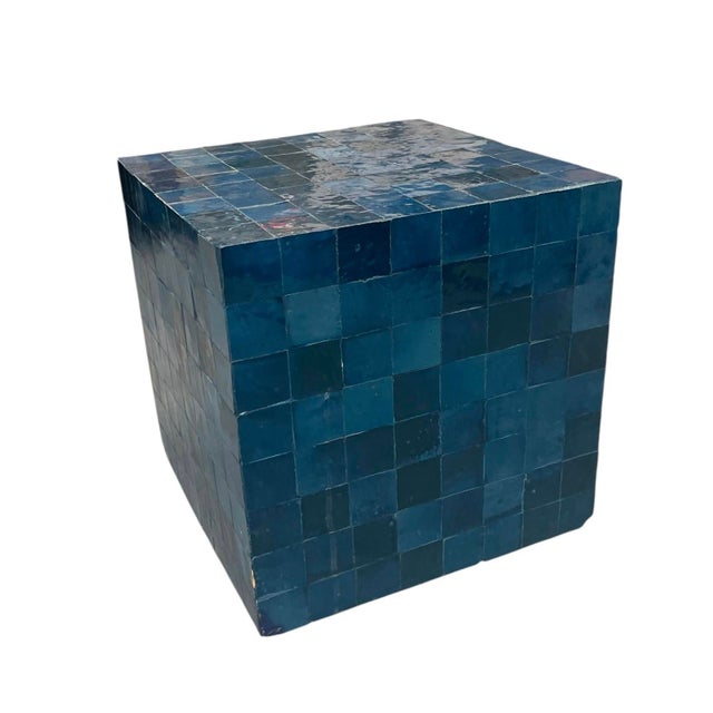 Moroccan Vintage Moroccan Deep Blue Zellige Terracotta Tile Cube Side Table For Sale - Image 3 of 12