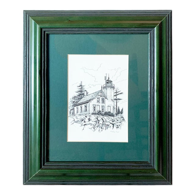 Framed Print of Eagle Bluff Lighthouse Line Drawing by Phillip Siegel For Sale