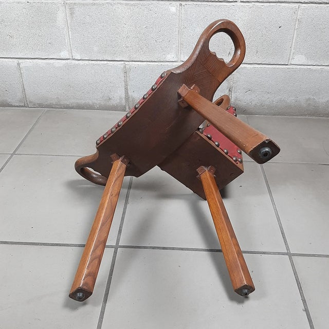 Spanish Brutalist Chair in Wood & Red Leather, 1960s, Set of 2 For Sale - Image 13 of 18