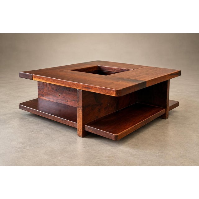 Brazilian Modern Imbuia Coffee Table with Central Flower Vase Opening and Open Display Shelves, Casa Finland, Brazil, 1960s - lot 1129 For Sale - Image 10 of 18