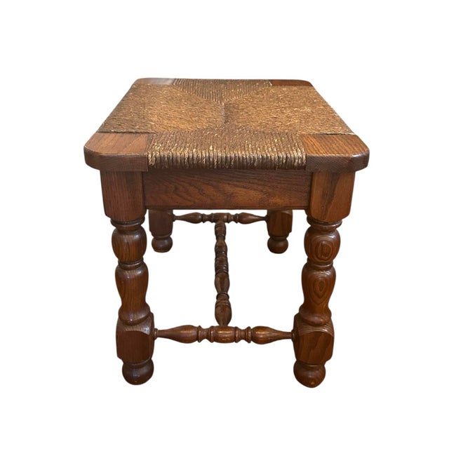 Vintage French Farmhouse Rush & Oak Stool / Footstool / Ottoman For Sale - Image 4 of 7