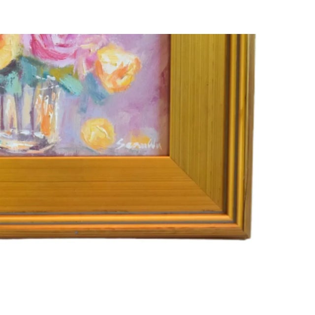 Bouquet of Pastel Floral Flowers Roses Oil Painting by Sean Wu Including the Antiqued Gold Wood Frame For Sale - Image 4 of 7