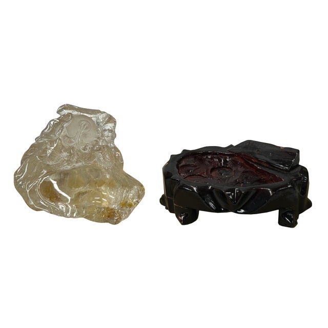 Glass Natural Clear Crystal Koi Gold Fishes Wave Display on Wood Stand For Sale - Image 7 of 9