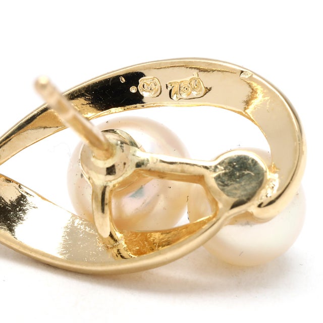 Mikimoto Twin Pearl Stud Earrings, 18k Yellow Gold, Length .75 Inches, A Pair For Sale - Image 4 of 5