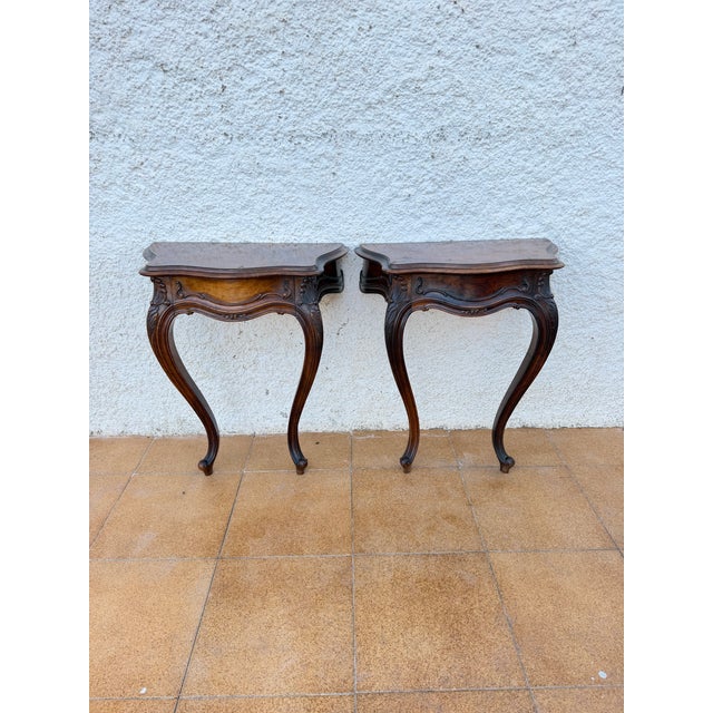 1930s Pair of French Louis XV Style Walnut Wall-Mounted Bedside Tables For Sale - Image 18 of 18