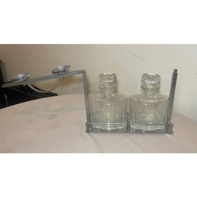 Silver Vintage Mid Century Modern Glass Tantalus Decanter Scotch Rye Liquor Bottle Set - 3pcs For Sale - Image 8 of 13
