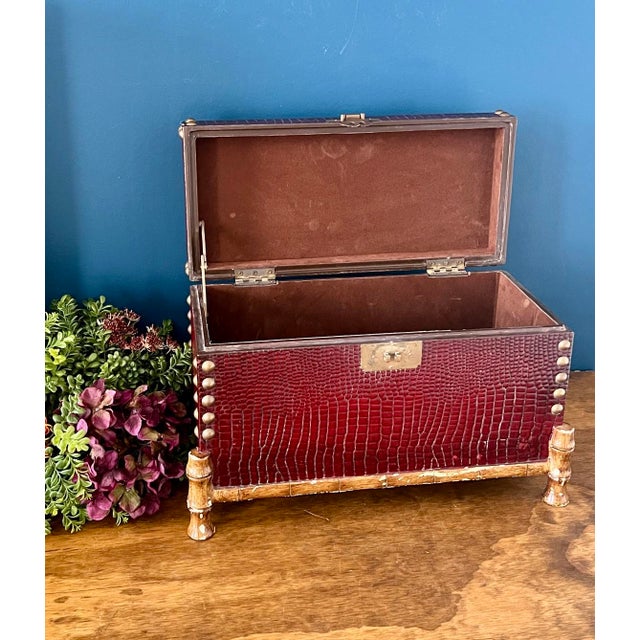 Brass Vintage Faux Crocodile Trunk Box, Brass Studded With Bamboo-Style Feet, 1970s For Sale - Image 8 of 17