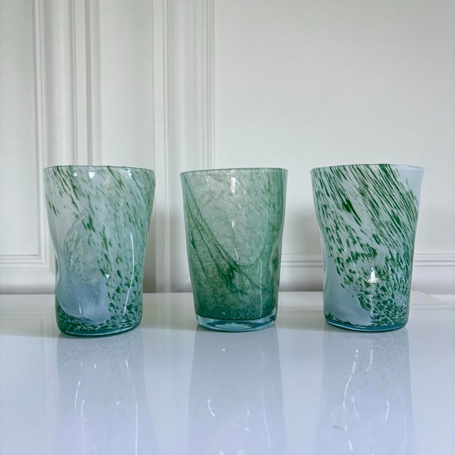Art Deco Green Mist Confetti Murano Glass Hand Blown Tumblers Drinking (Cups Set of 6) For Sale - Image 3 of 7