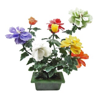 Vintage Jade Stone Agate Glass Multi Colors Flowers Bonsai Tree For Sale