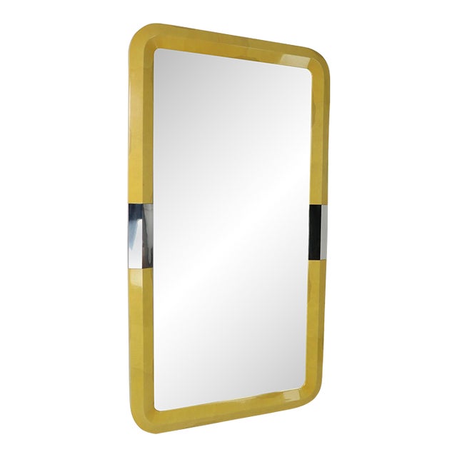Large Lacquered Parchment and Chrome Framed Mirror after Karl Springer For Sale