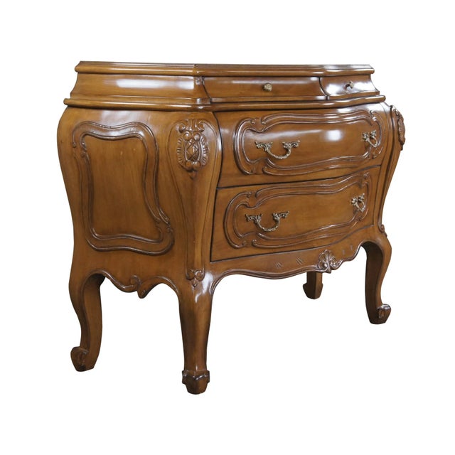 French Mid 20th Century 2 Vintage Italian Walnut Serpentine Bow Front Bombe Chests Commodes - Set of 2 For Sale - Image 3 of 13