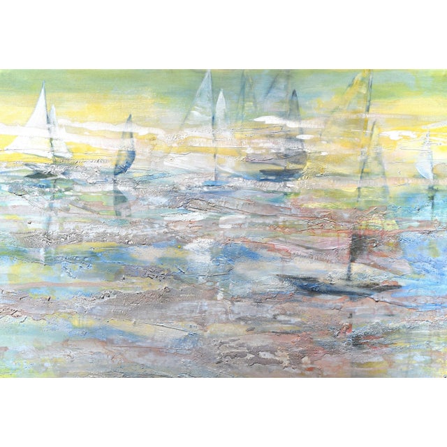 Large Vintage Expressionist Abstract Seascape Painting With Sailboats For Sale - Image 4 of 8