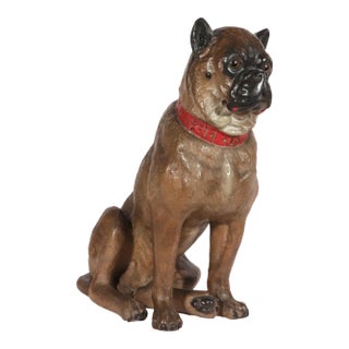 Austrian Cold-Painted Terracotta Model of a Seated Pug Dog With Glass Eyes, Life Size For Sale