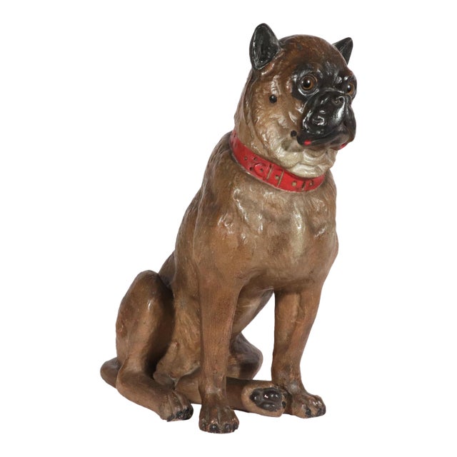 Austrian Cold-Painted Terracotta Model of a Seated Pug Dog With Glass Eyes, Life Size For Sale