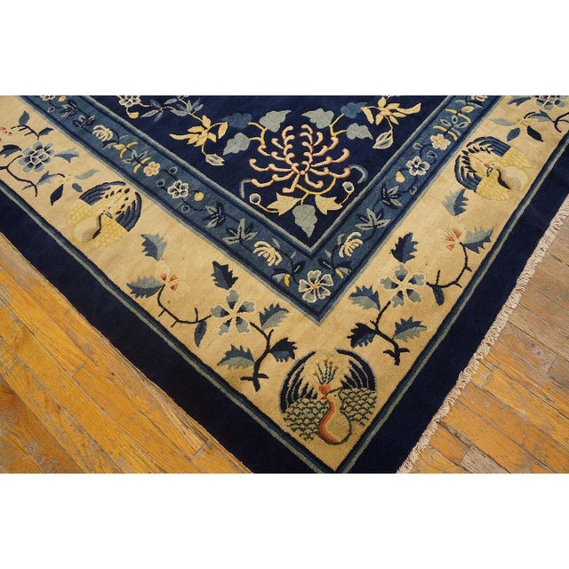 1920s Navy Blue Floral Deco Antique Chinese Peking Knotted Rug 11'9'' X 14'3'' For Sale In New York - Image 6 of 12