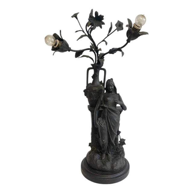 Antique Antimony Table Lamp with Female Figure, Early 20th Century For Sale