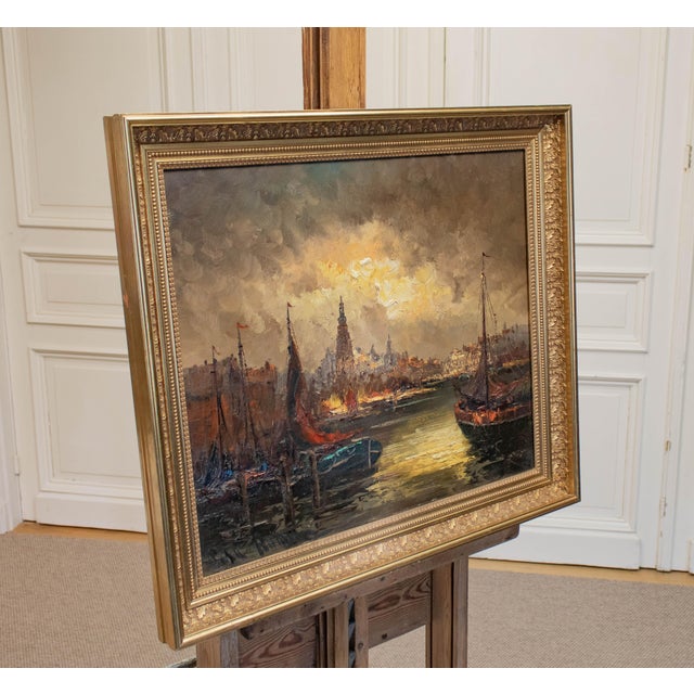 Atmospheric oil painting on canvas by Dutch artist Peter Brouwer, dating from the 1960s and depicting the Montelbaanstoren...