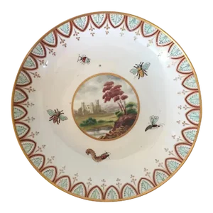 Antique 18th Century Derby Porcelain Cake Plate Decorated with Insects, Bees, Bugs and a Landscape