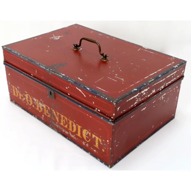 American Antique Original Hand Painted Steel Traveling Doctors Apothecary Lock Box For Sale - Image 3 of 13