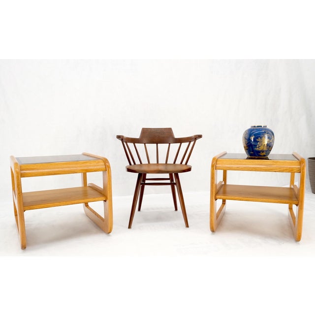 Pair of mid-century solid oak smoked glass top end side tables w shelves mint!