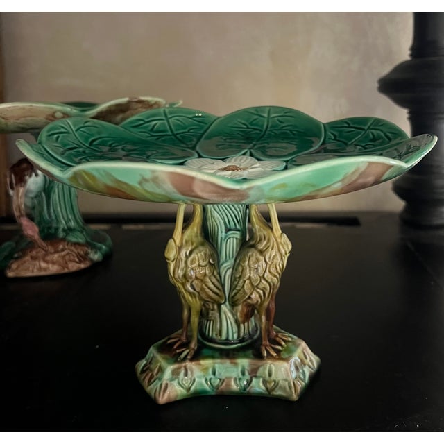 Green Antique English Majolica Pond Lily Compote With Stork , C. 1880's For Sale - Image 8 of 16