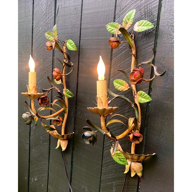 Vintage Italian Hand Painted Hand Crafted Tole Wall Sconces - a Pair For Sale - Image 14 of 18