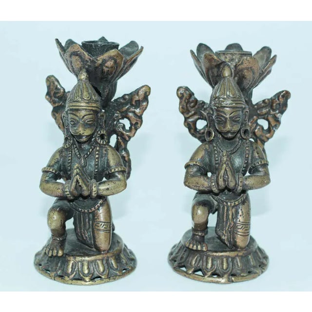 Indian Asian Bronze Hanuman Kneeling Buddhist Figure Candleholders - a Pair For Sale - Image 3 of 11