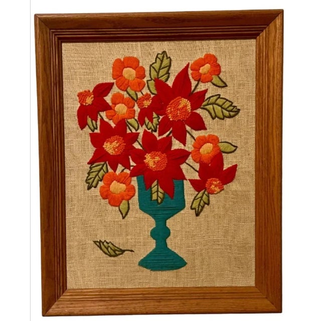 1970s Danish Fiber Scandinavian Hanging Yarn Bouquet Flowers Signed 1975 M. Cobbs Wood Frame For Sale - Image 5 of 5