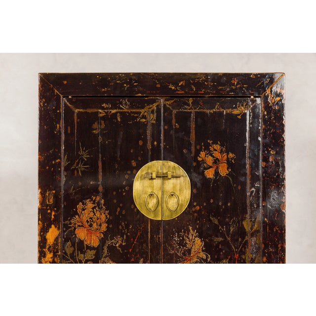 Asian Qing Dynasty Hand-Painted Cabinet with Floral Décor, Doors and Drawers For Sale - Image 3 of 12