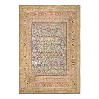 1870s Blue Navy Floral Antique Persian Khorassan Moud Rug 13'2" X 20'2" Handwoven Wool Carpet For Sale