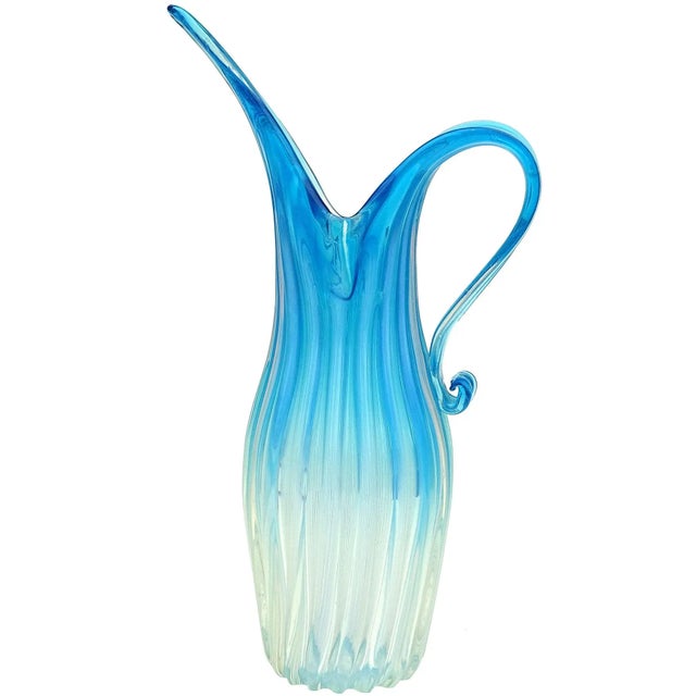 Vintage Murano Fratelli Toso Tall Opalescent Sky Blue White Fade Italian Ribbed Art Glass Pitcher Flower Vase For Sale - Image 10 of 10