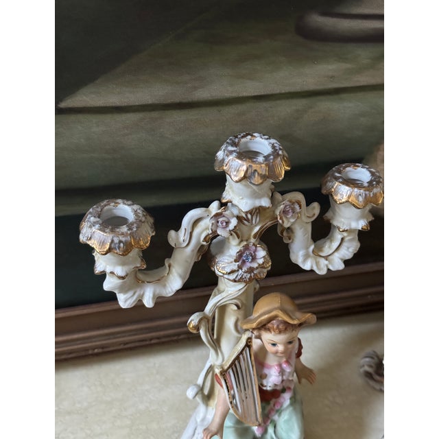 Vintage Rococo Revival Porcelain Musician Jardinière & Candelabrum — Set of 2 For Sale - Image 4 of 10