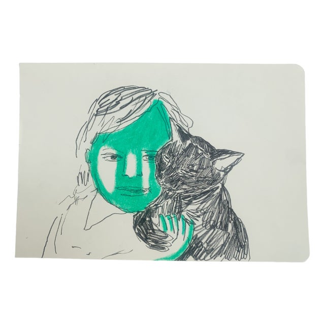 Hanna Ilczyszyn, Boy with a Cat, Mixed Media Drawing, 2023 For Sale