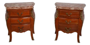 Pair French Marble Top 3 Drawer Nightstands