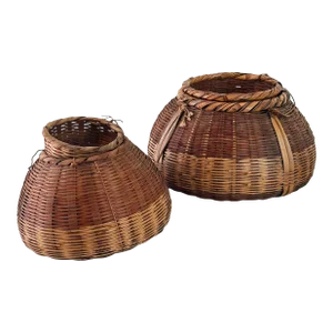 Antique Handcrafted Lidded Baskets of Woven Bamboo and Rattan, a Pair