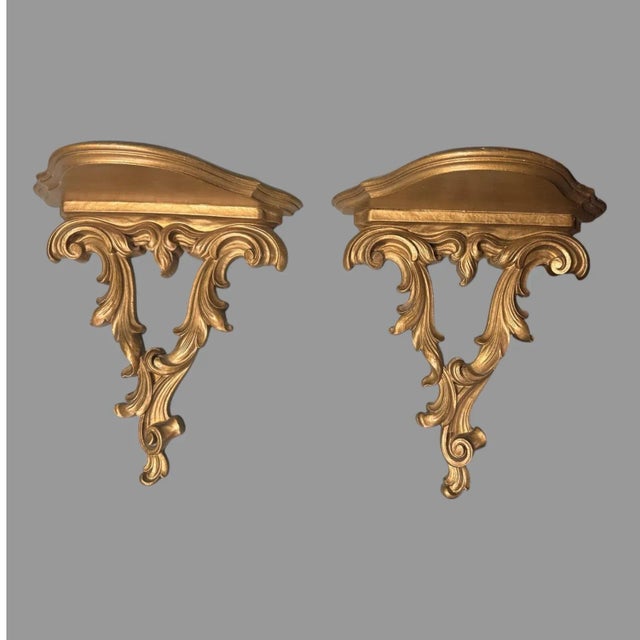 Wood Pair of Vintage Ornate Gilt Decorated Syroco Wood Wall Hanging Display Shelves For Sale - Image 7 of 7