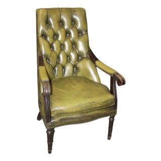 Olive Green Tufted Leather Chesterfield Library Chair, 1970s For Sale