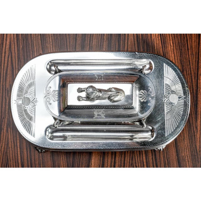 Egyptian Revival Antique Victorian Silverplate Double Inkwell Desk Inkstand Egypt Sphinx For Sale - Image 17 of 18