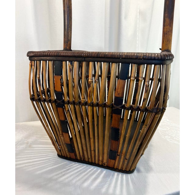 Late 20th Century Vintage Boho Chic Burnt Bamboo and Split Reed Basket For Sale - Image 5 of 8