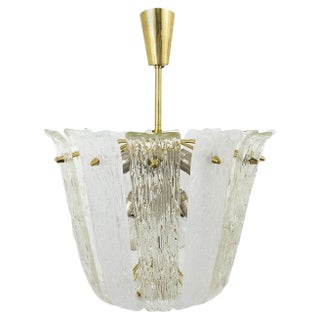 Mid-Century Brass & Textured Glass Pendant Light from Kalmar, Austria, 1950s For Sale