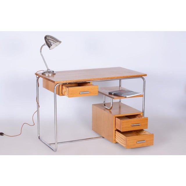 Bauhaus Writing Desk in Oak, Chrome-Plated Steel, Germany, 1930s For Sale - Image 4 of 17