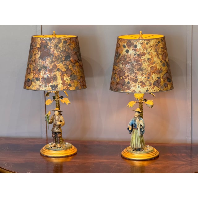 Asian Pair of Cold Painted Bronze Figural Lamps With Mottled Paper Shades For Sale - Image 3 of 16