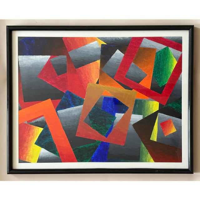 iAn abstract, cubist-style painting featuring a dynamic interplay of overlapping geometric shapes. The composition...