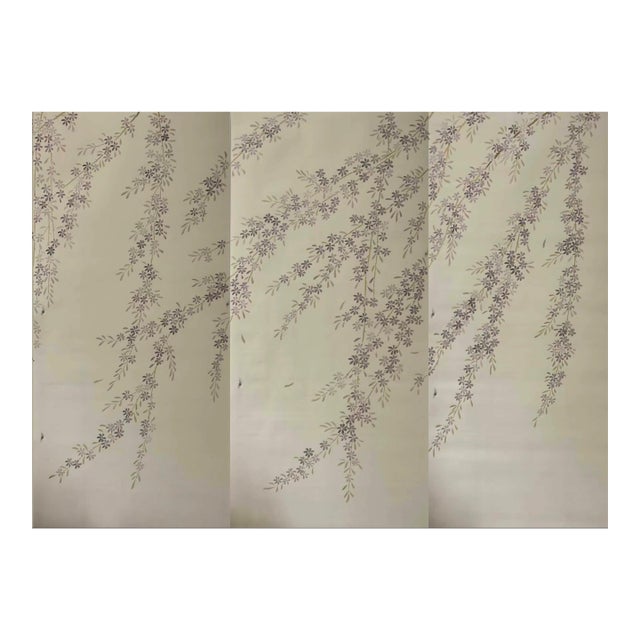 Hand Painted Chinoiserie Floral Branch Wallpaper Mural With Elegant Botanical Design For Sale